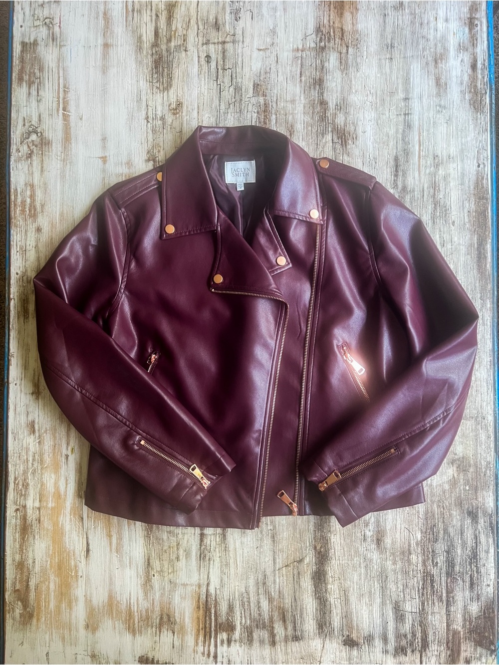 Jaclyn Smith Oxblood Burgundy Maroon Faux Leather Moto Jacket M